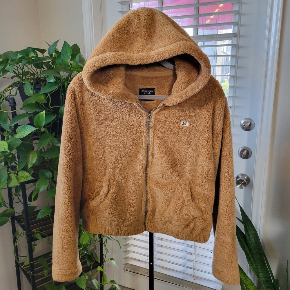 Abercrombie & Fitch Sherpa Teddy Fleece Full Zip Hoodie Brown Tan Small A&F